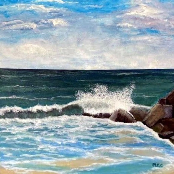 “Splashing Waves" Blue and White Ocean Wave Painting by mac Size 20 X 20 - Picture 1 of 4